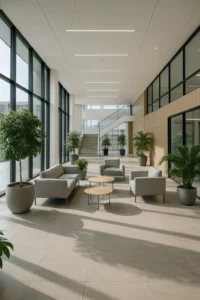 Lys og moderne lounge i en kontorbygning med store vinduespartier, grå sofaer, runde borde og grønne planter i store krukker.
