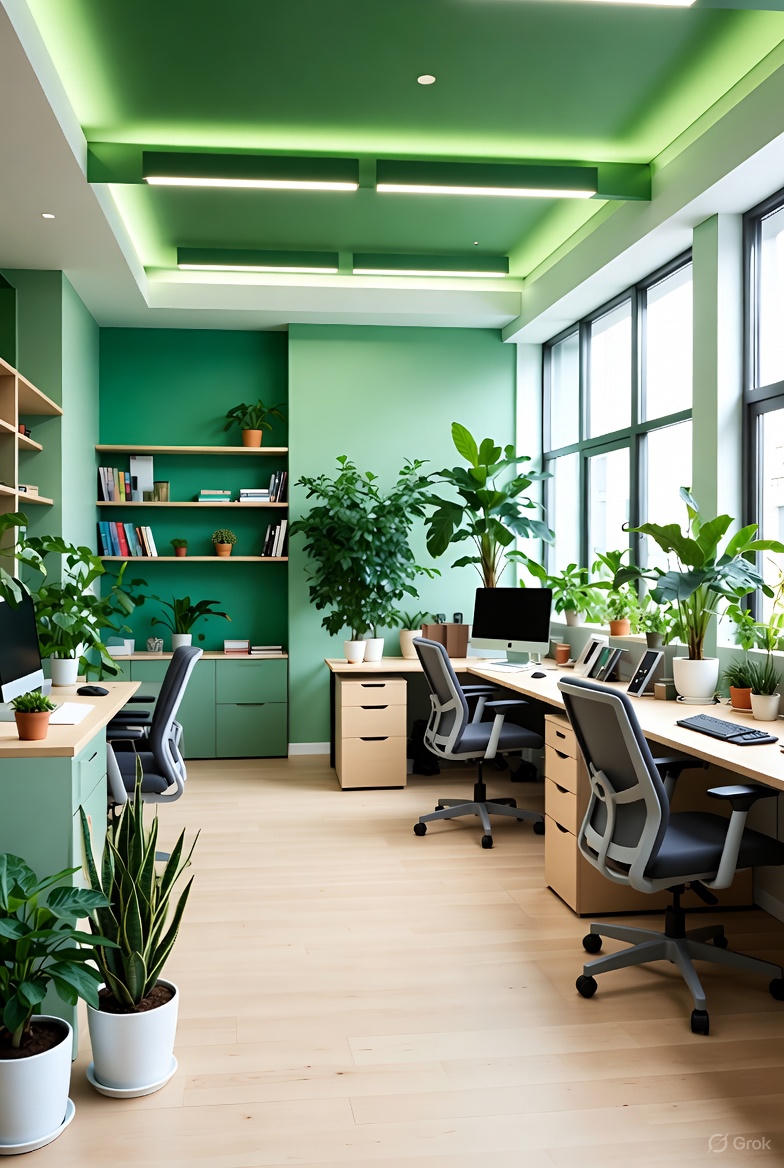 Et stilfuldt og lyst kontor indrettet i grønne nuancer med vægge og loft i forskellige grønne toner, fyldt med store og små planter. Der er arbejdsborde med computere, ergonomiske stole og naturligt lys fra store vinduer.