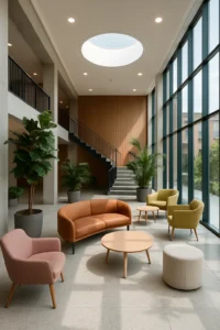 Stilfuldt loungeområde med farverige møbler, store glasfacader og naturligt lys i en moderne kontorbygning