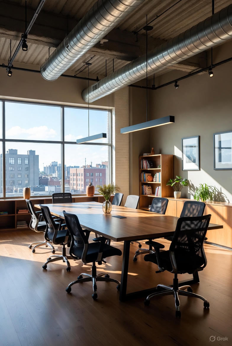 Et lyst, moderne loft-kontor med et langt træbord omgivet af sorte ergonomiske netstole. Blottede sølvfarvede ventilationsrør løber hen over det høje loft, store gulv-til-loft-vinduer giver udsigt over byen, og naturligt sollys oversvømmer det polerede trægulv. Minimalistisk indretning med potteplanter, en træreol og abstrakt vægkunst.