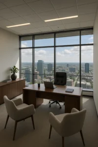 Elegant kontor med stort vindue fra gulv til loft, der giver panoramaudsigt over byens skyline. Indrettet med træskrivebord, laptop, to loungestole og et skab med en plante.