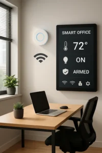 Et moderne kontorhjørne med et skrivebord, bærbar computer og en vægmonteret skærm, der viser informationer om temperatur, lys og sikkerhed i et smart office-system. Fortæl gerne, hvis du vil målrette det til ejendomsudlejning, teknologi, eller noget specifikt.