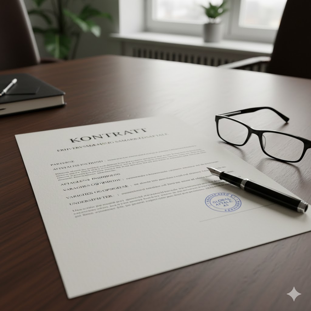 Et nærbillede af en formel kontrakt med overskriften "CONTRACT" øverst. Dokumentet ligger på en mørk overflade ved siden af en klassisk fyldepen. Teksten i dokumentet er opdelt i flere paragraffer med linjer til underskrift i bunden.